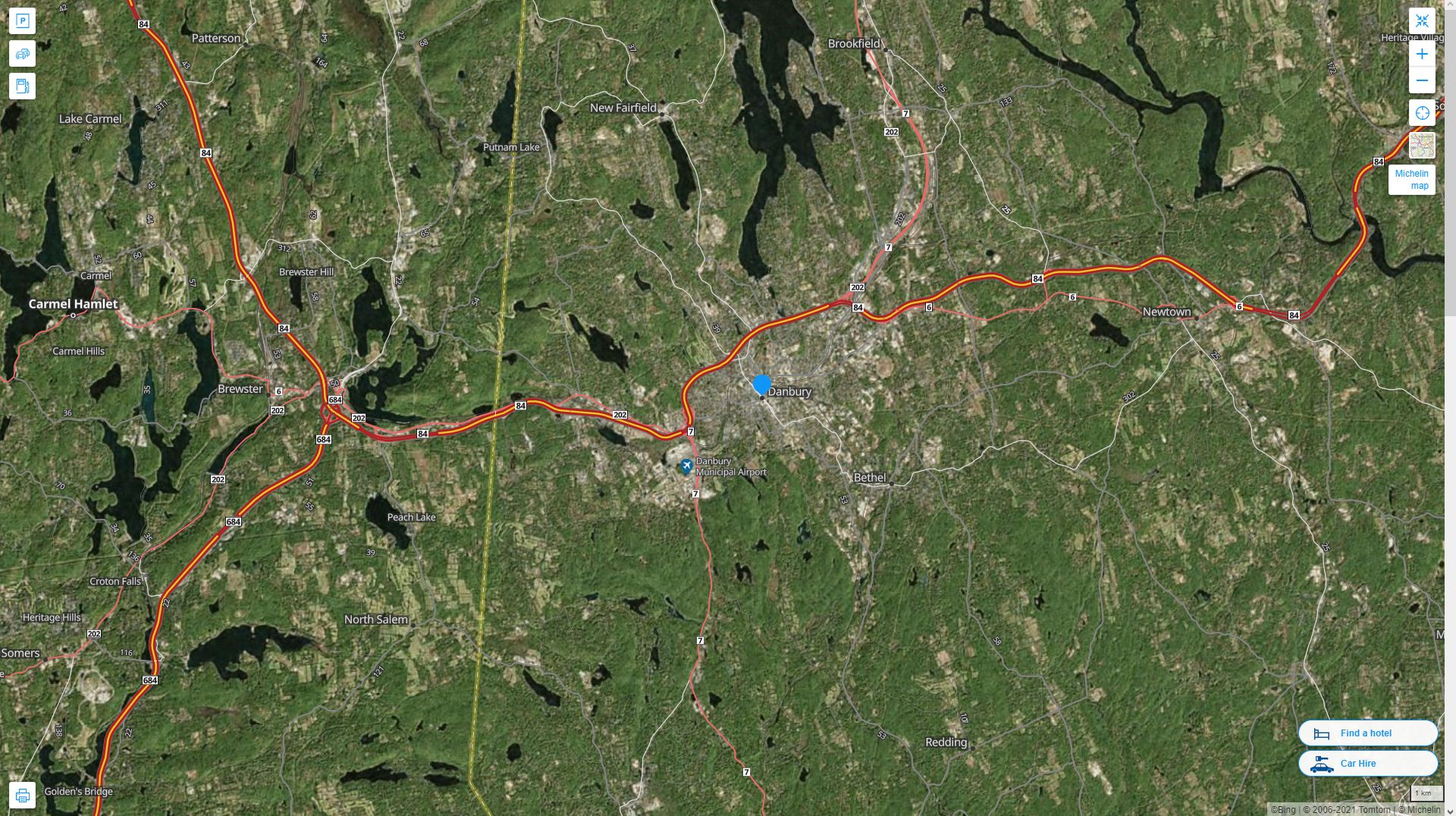 Danbury Connecticut Highway and Road Map with Satellite View